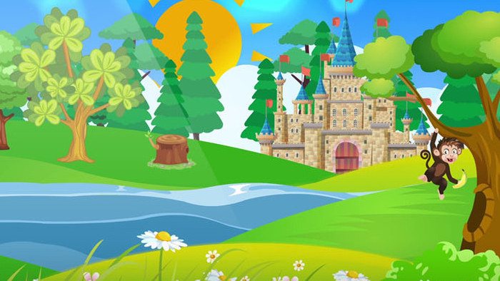 草地河流城堡卡通背景