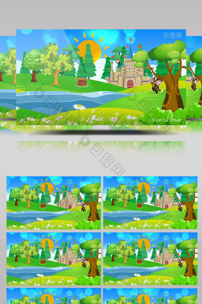 草地河流城堡卡通背景