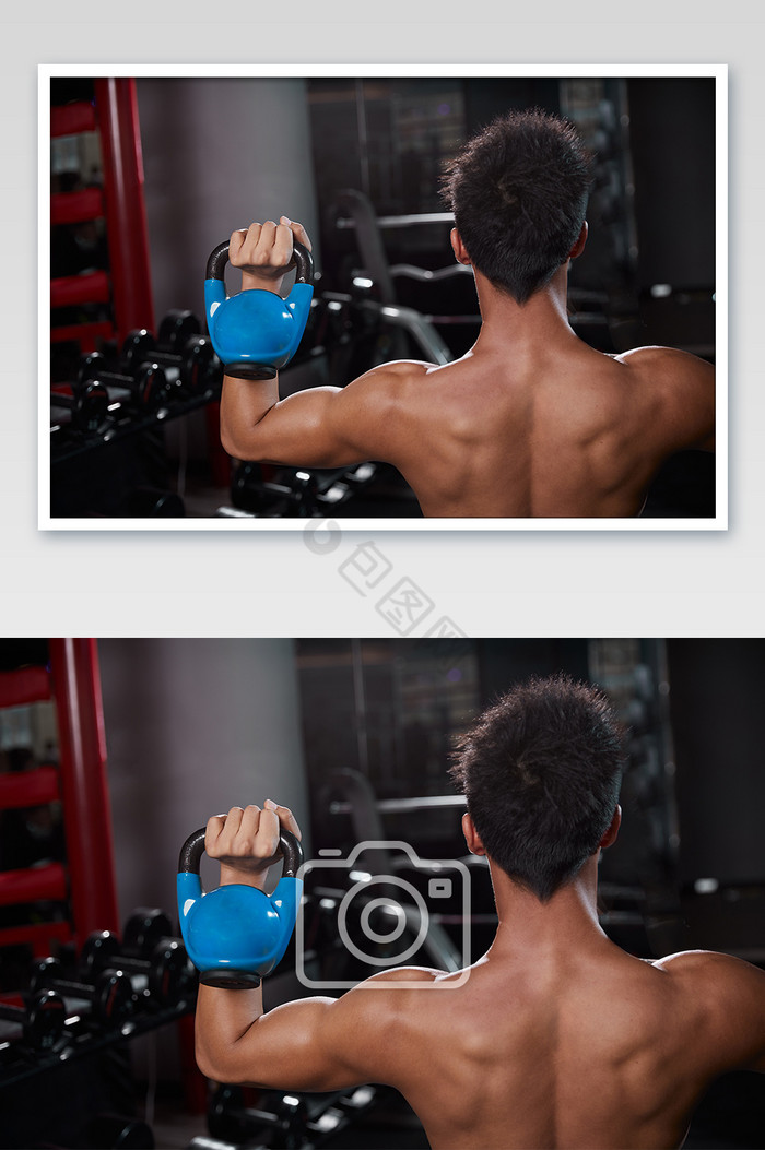 健身房运动男生举壶铃背部宣传图图片
