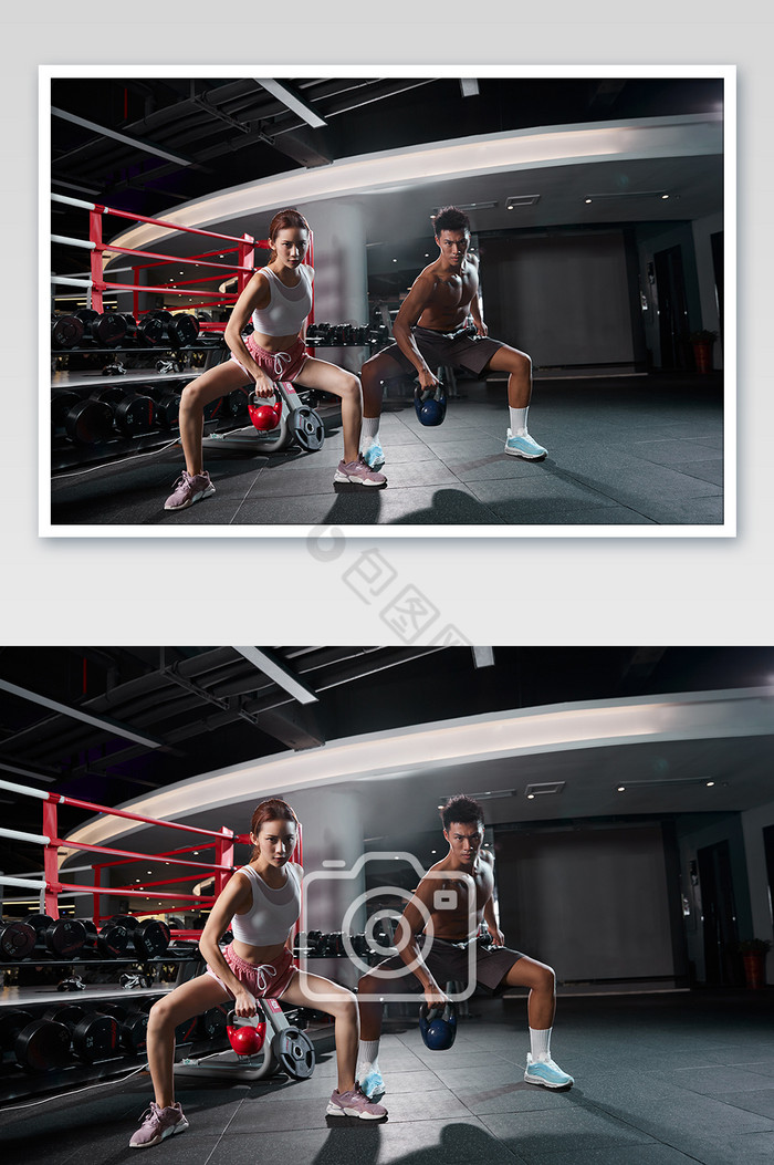 健身房运动两人壶铃哑铃练习宣传图图片