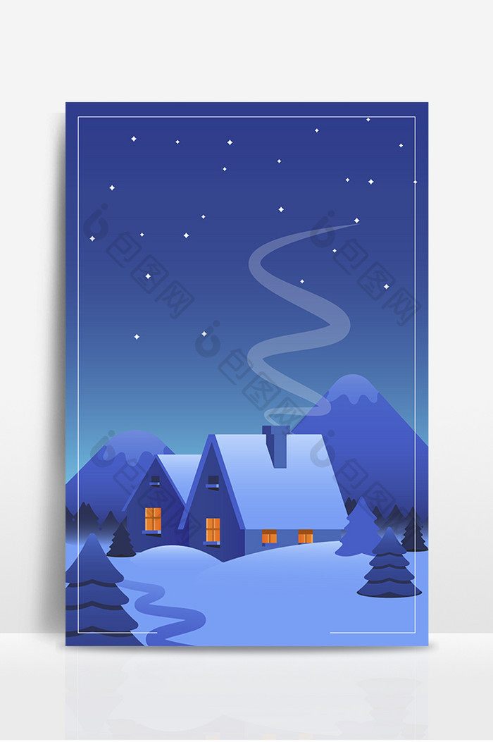 蓝色冬季雪景房屋星空背景