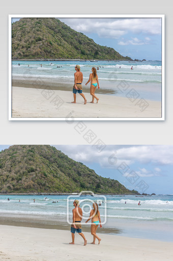 印度尼西亚龙目岛海边情侣背影摄影图片