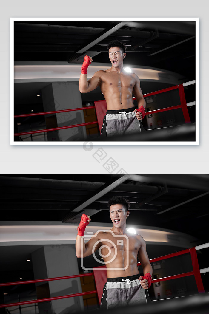 健身房运动男生拳击胜利姿势宣传图