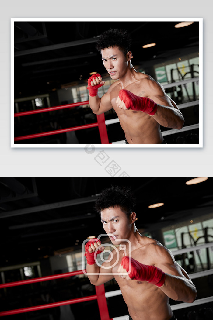 健身房运动男生拳击红色拳击手套宣传图