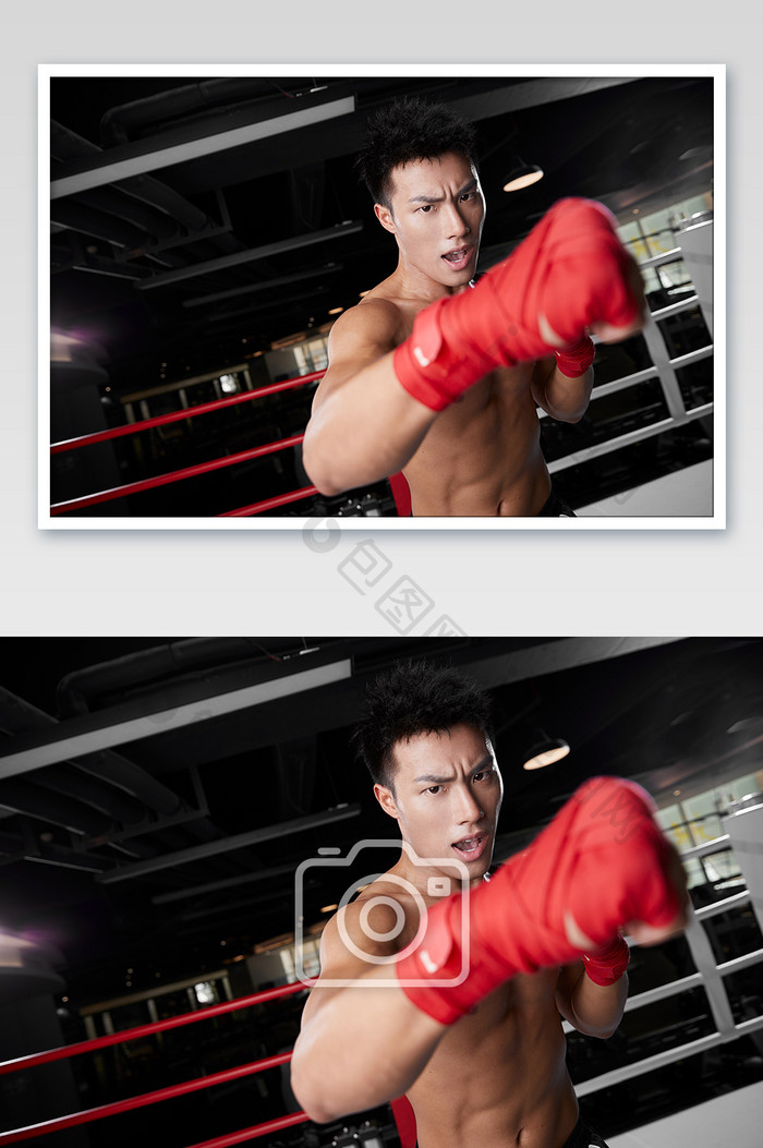 健身房运动男生拳击练习红色拳击护具宣传图