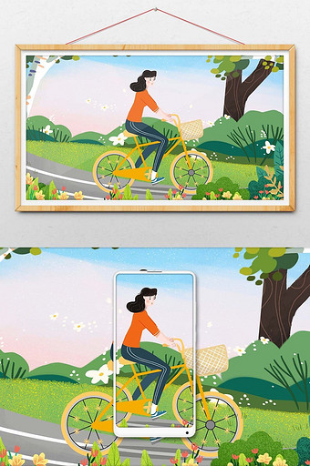 夏天暑假郊游骑自行车游玩插画图片