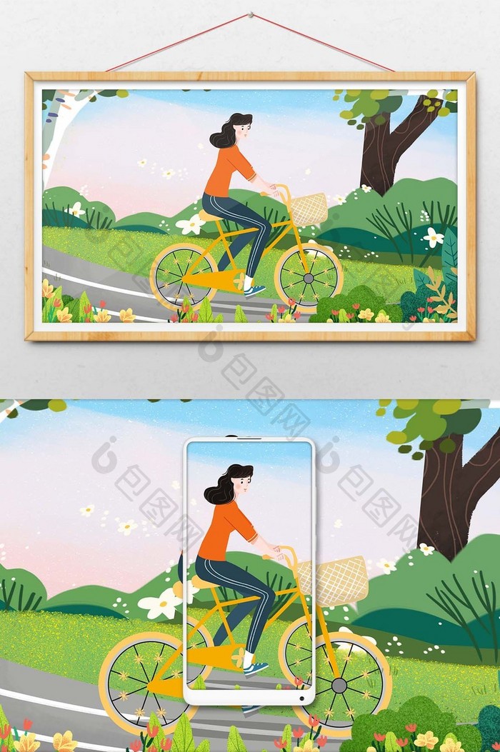 夏天暑假郊游骑自行车游玩插画