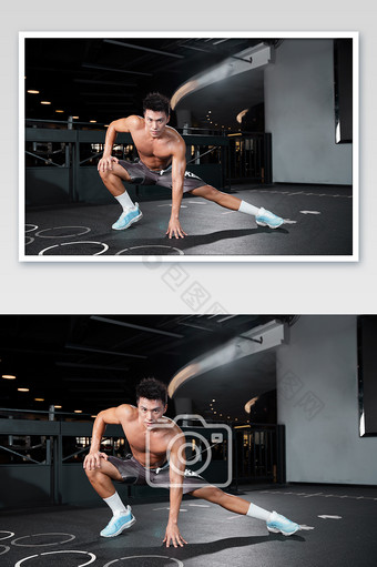 健身房运动男生压腿热身宣传图图片