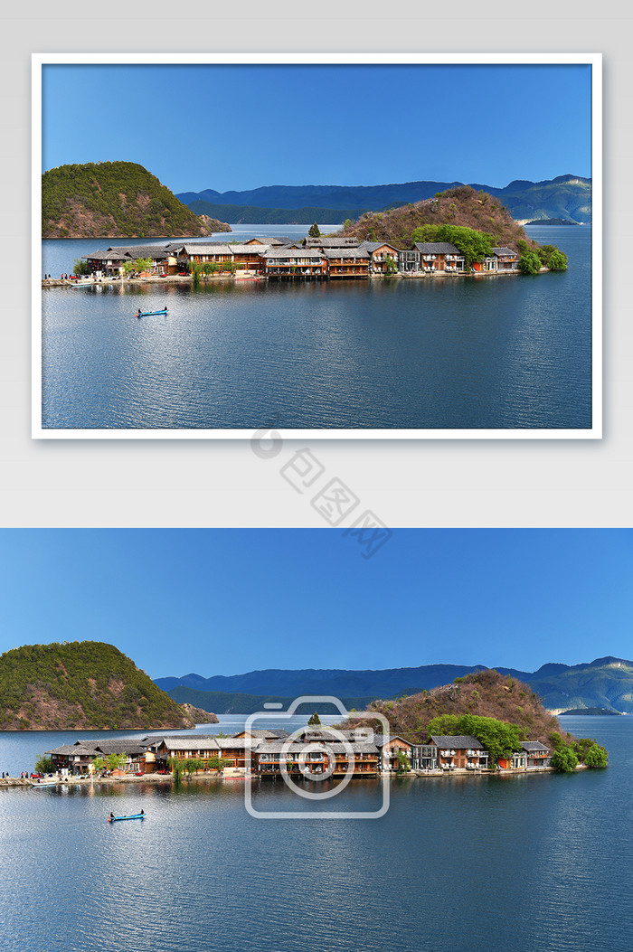 蓝色唯美泸沽湖里格岛摄影图片