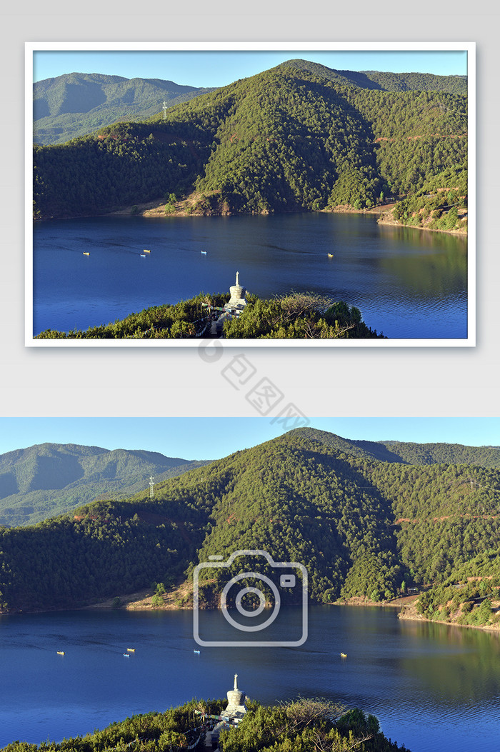 绿色山坡湖水自然风光摄影图片