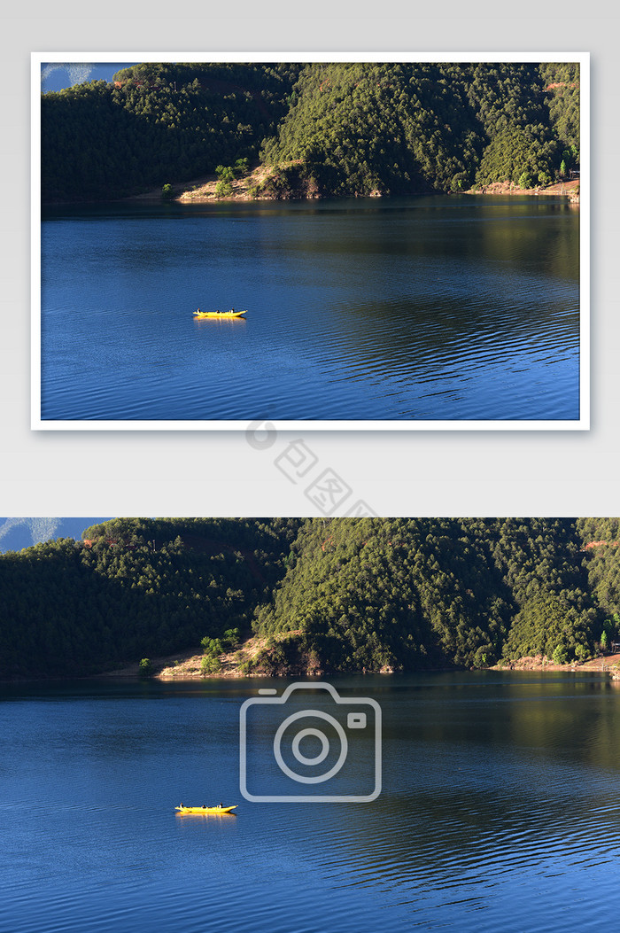 蓝色湖水划船风光摄影图片