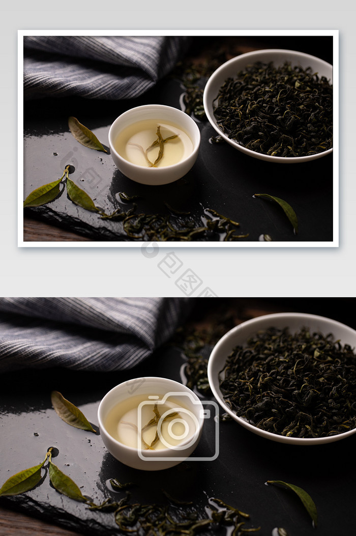 新鲜绿茶清新茶汤嫩芽特写摄影图片