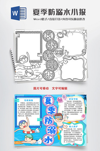 线描夏季防溺水小报手抄报Word模板图片