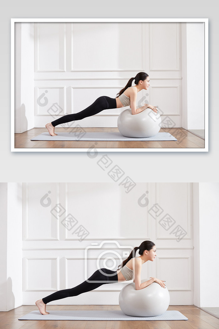 瑜伽健身普拉提女性瑜伽球上犬式图片