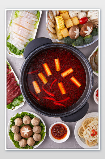 火锅中式餐饮食材海报红油火锅食材摄影图图片