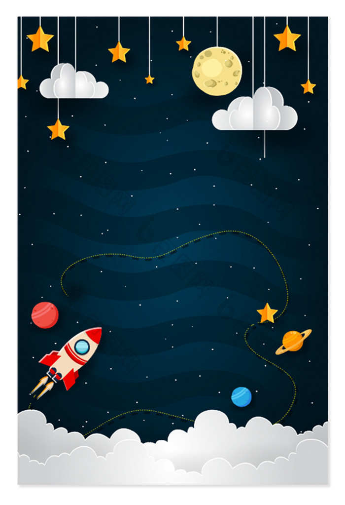 创意星球火箭云朵挂饰海报背景