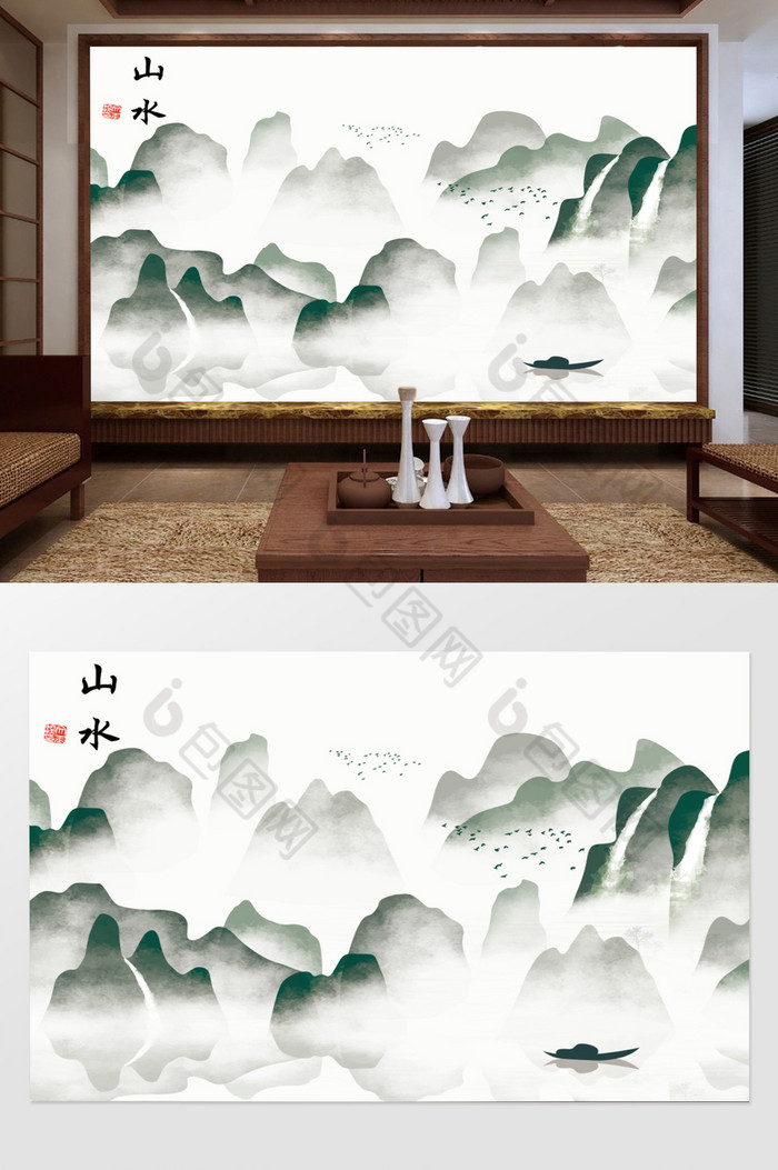 水墨中式手绘山水倒影图片