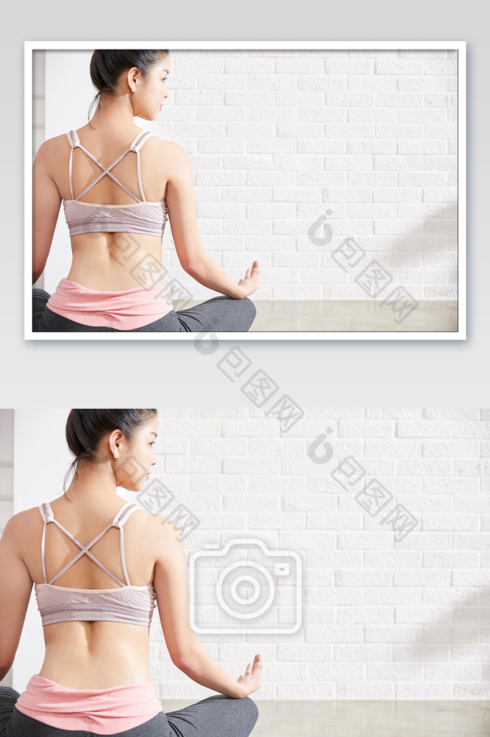 瑜伽健身普拉提女性盘腿静坐背影图片