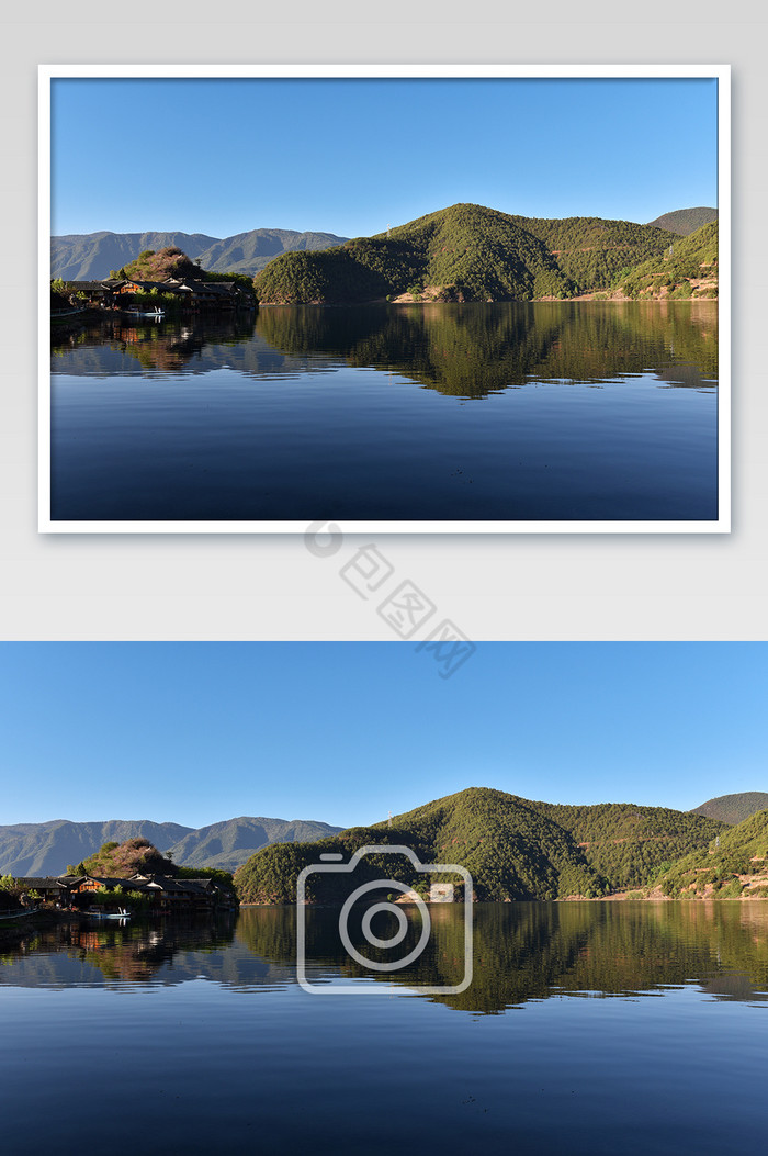 蓝色天空和湖水自然风光摄影图片