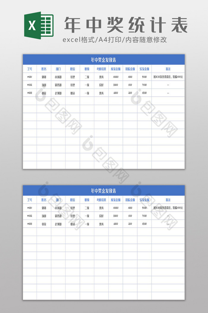 部门年中年终奖金统计表Excel模板