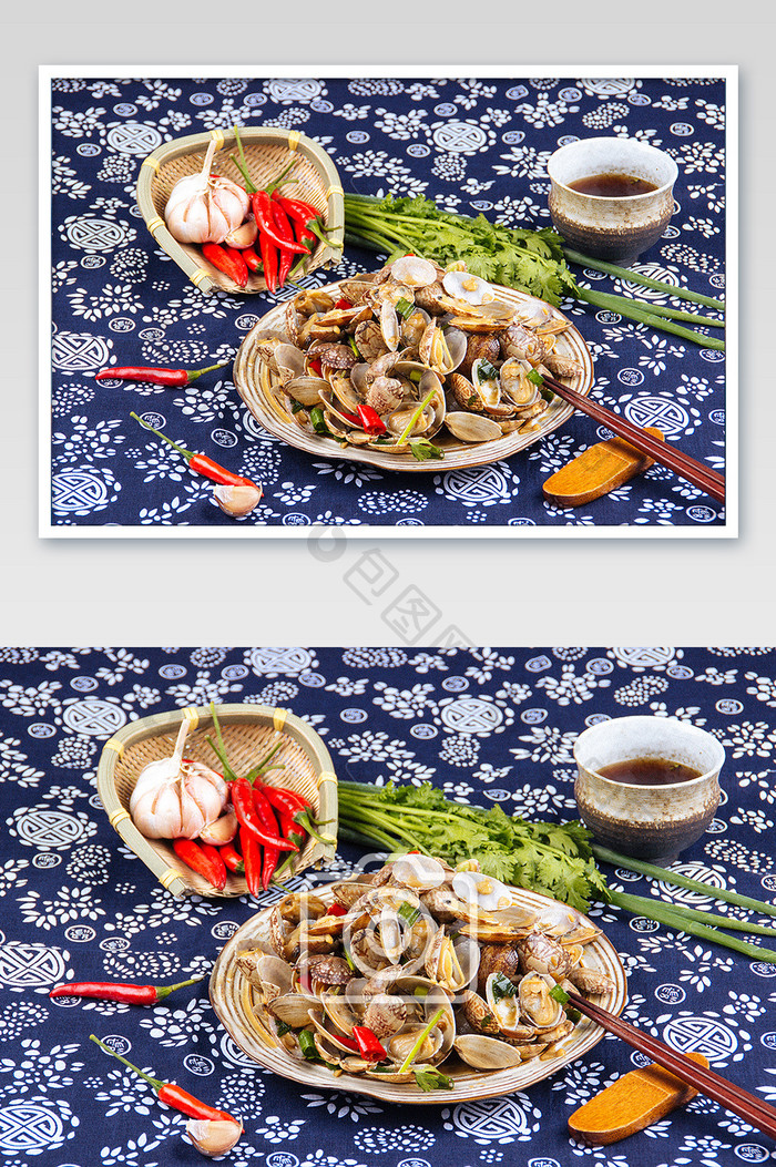 中式美食爆炒花甲摄影图片