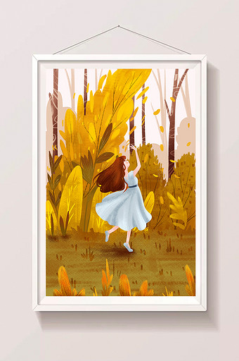 卡通扁平立秋节气树叶枯黄丛林少女插画图片
