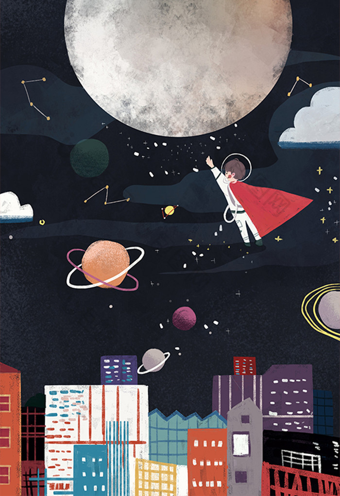 卡通扁平人类月球日宇航员登月星河插画