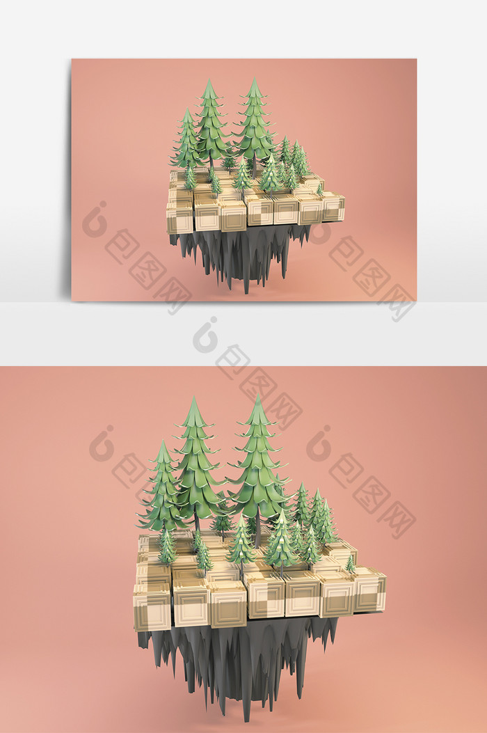C4D简约小清新悬浮小岛树木装饰元素