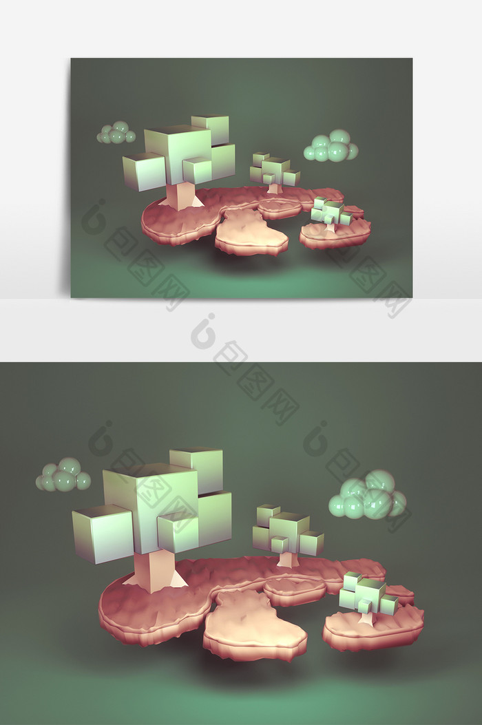 C4D卡通小清新绿色浮空陆地小树装饰元素