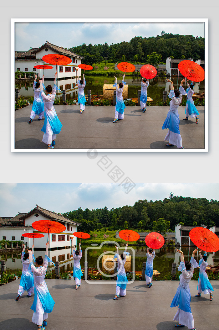 古典舞姿撑油纸伞跳舞的古典美女摄影图图片