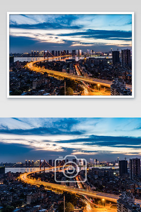 蓝色大气城市鹦鹉洲大桥摄影图片