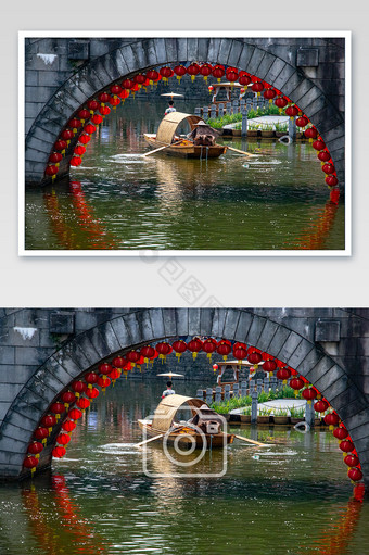 大红灯笼水中倒影小桥流水古典场景摄影图图片