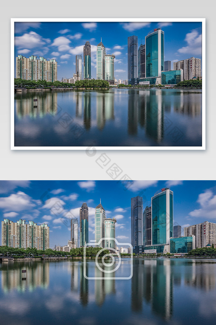 蓝色大气城市建筑倒影摄影图片图片