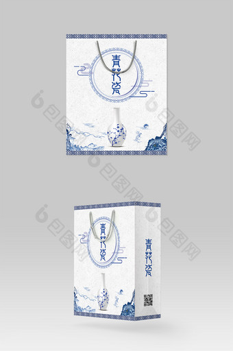 蓝色中国风青花瓷手提袋设计图片