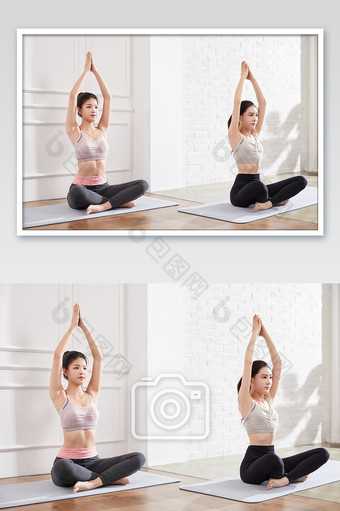 瑜伽健身普拉提女性双人瑜伽拉伸热身图片