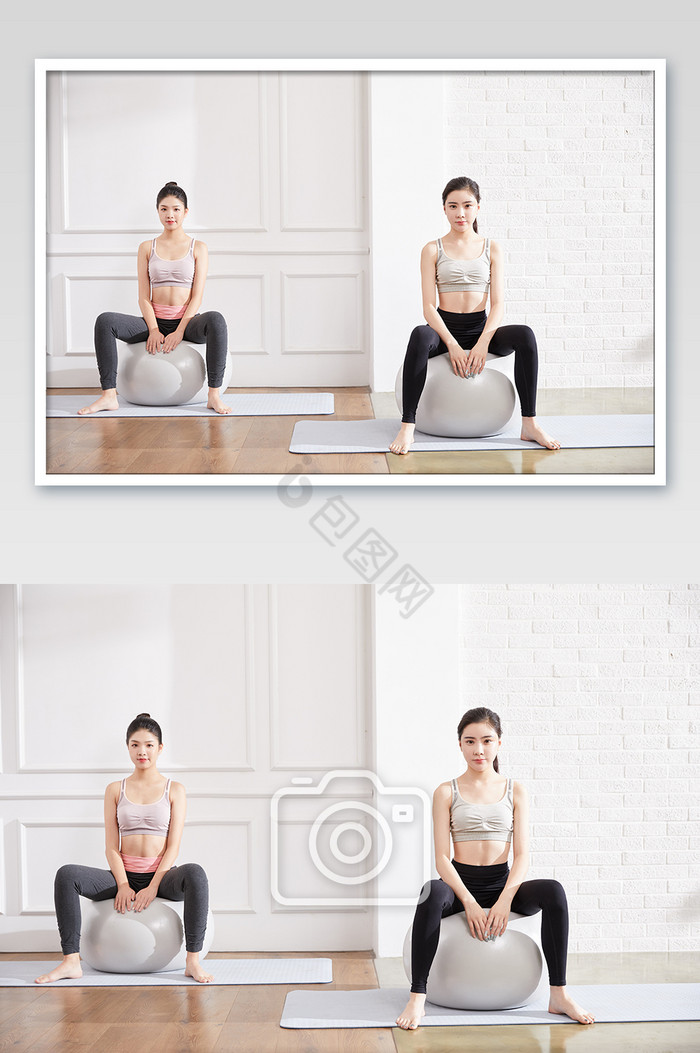 瑜伽健身普拉提女性双人坐瑜伽球练习图片