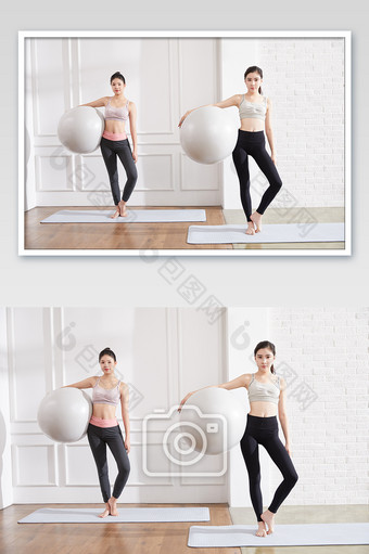 瑜伽健身普拉提女性双人瑜伽球站立练习图片