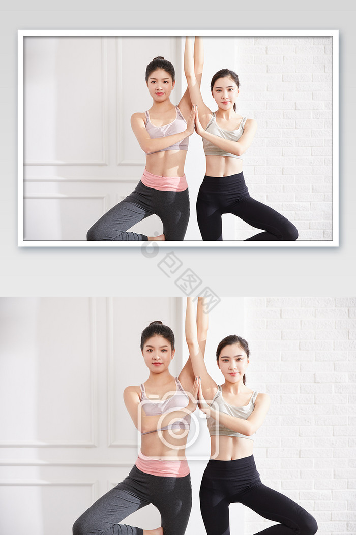 瑜伽健身普拉提女性双人树式瑜伽练习图片