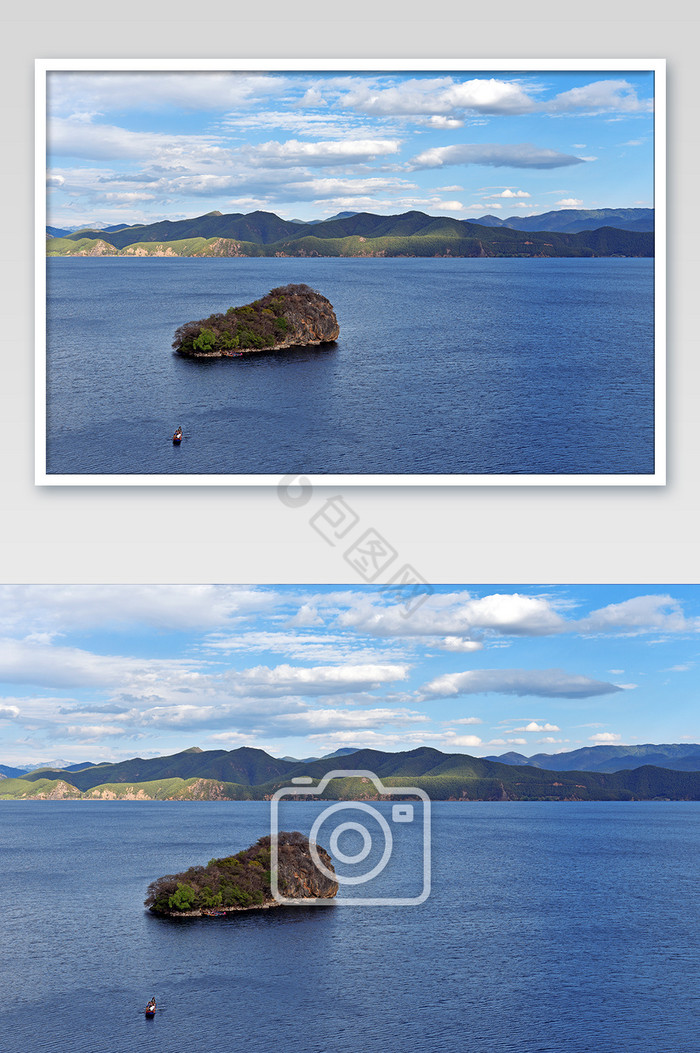 蓝天白云湖水岛屿风光摄影图片