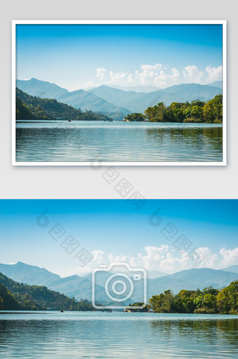 蓝色大气尼泊尔博克拉费瓦湖风光摄影图片