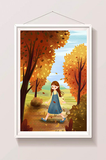 卡通扁平立秋节气树叶枯黄郊外女孩插画图片