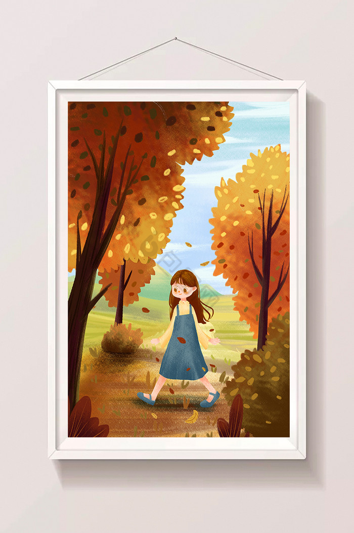 立秋节气树叶枯黄郊外女孩插画图片