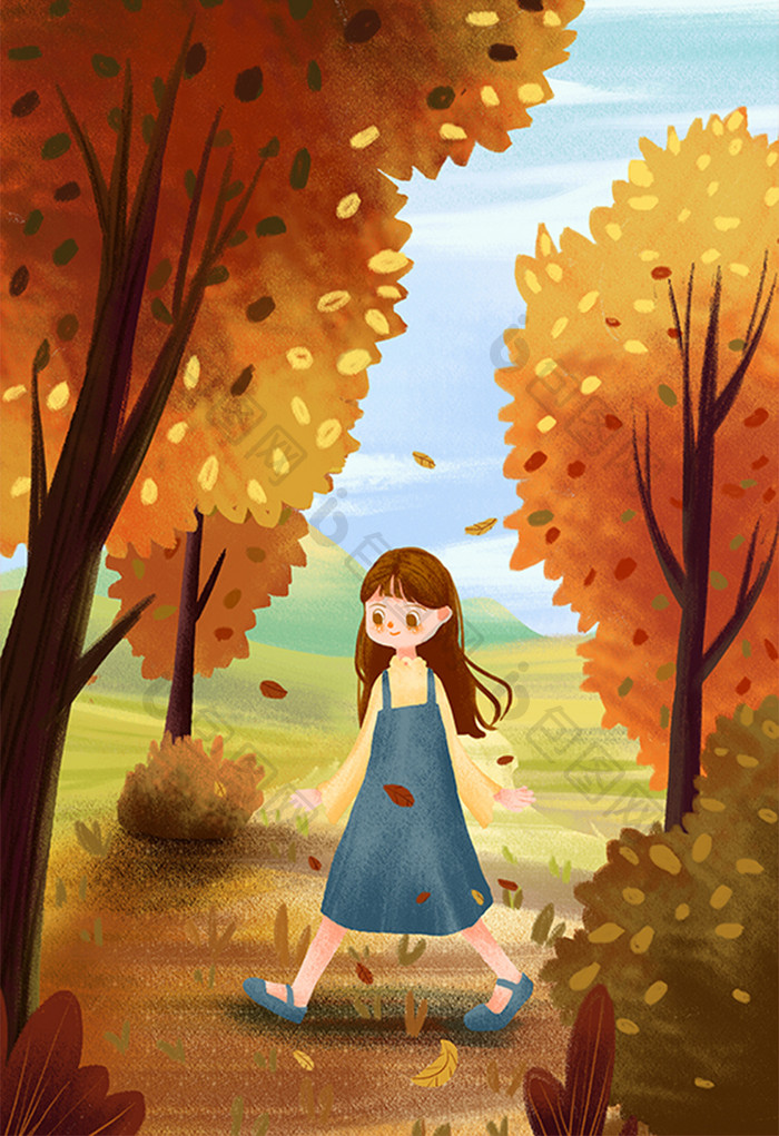 卡通扁平立秋节气树叶枯黄郊外女孩插画