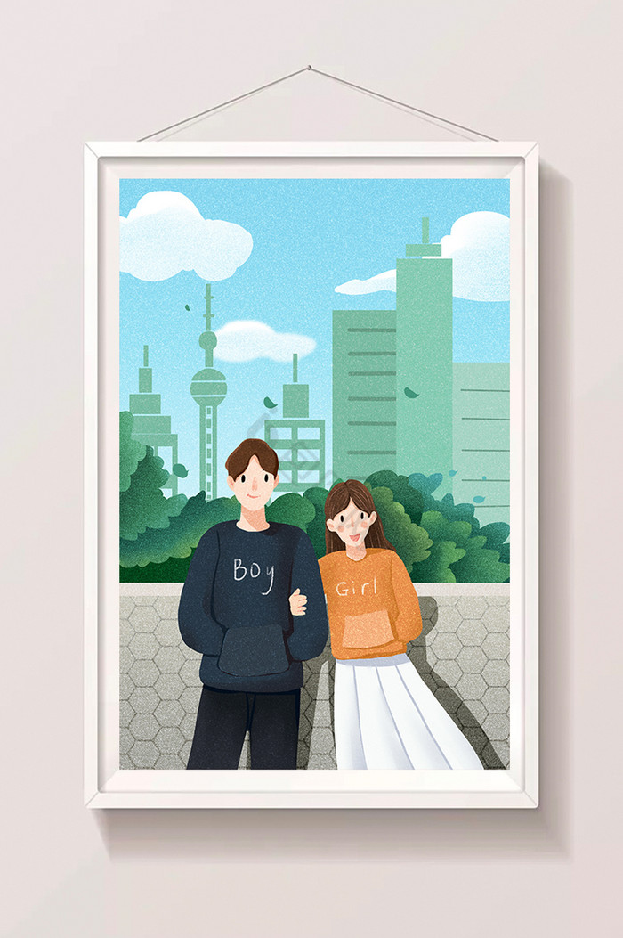 七夕情人节情侣约会表白在一起城市浪漫插画图片