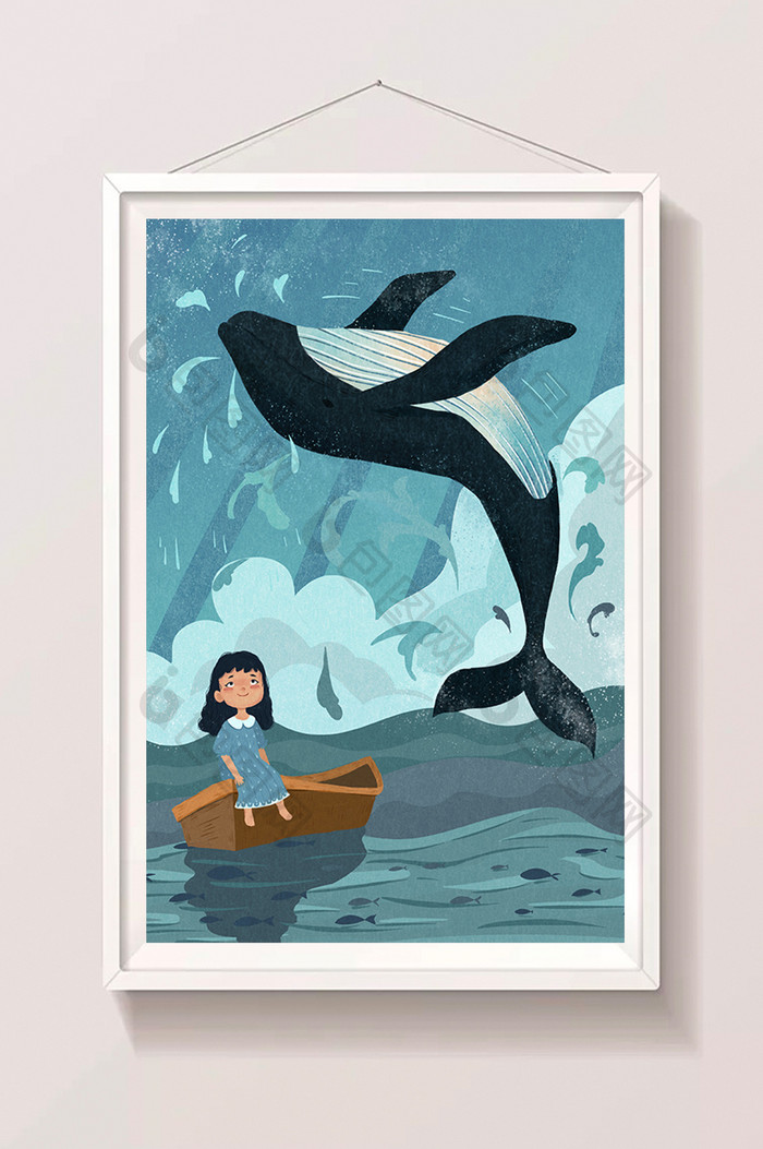 保护海洋大海鲸鱼少女蓝色卡通扁平插画