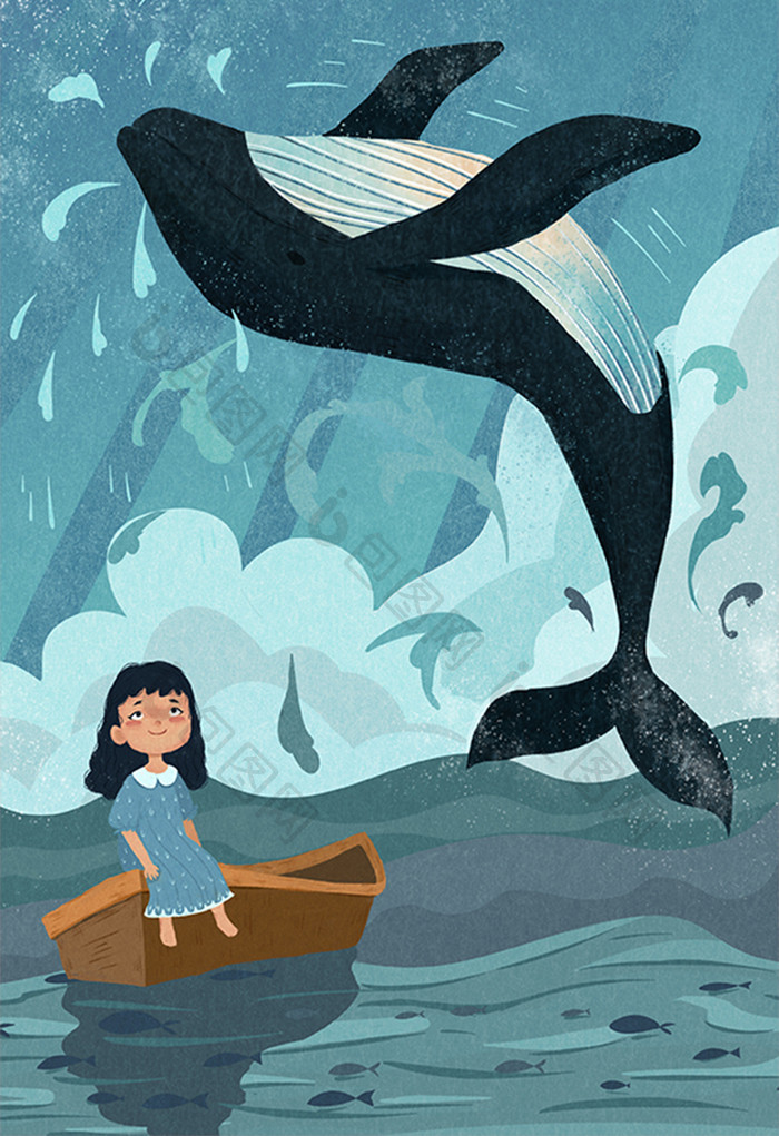 保护海洋大海鲸鱼少女蓝色卡通扁平插画