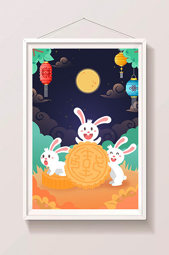 中秋节吃月饼兔子中国风海报app闪屏插画图片