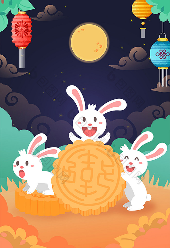 中秋节吃月饼兔子中国风海报app闪屏插画