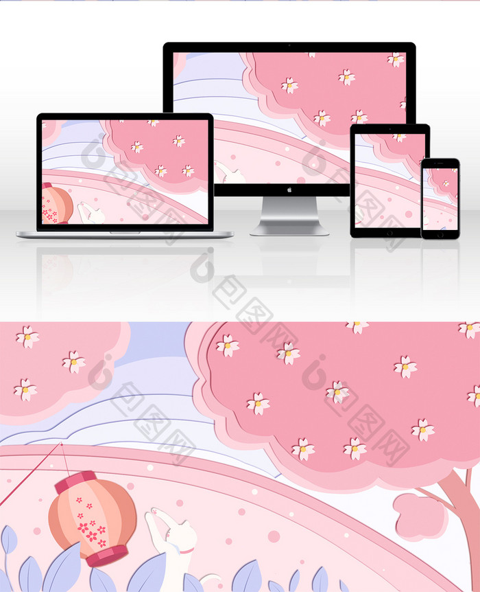 粉色樱花树和猫剪纸风插画