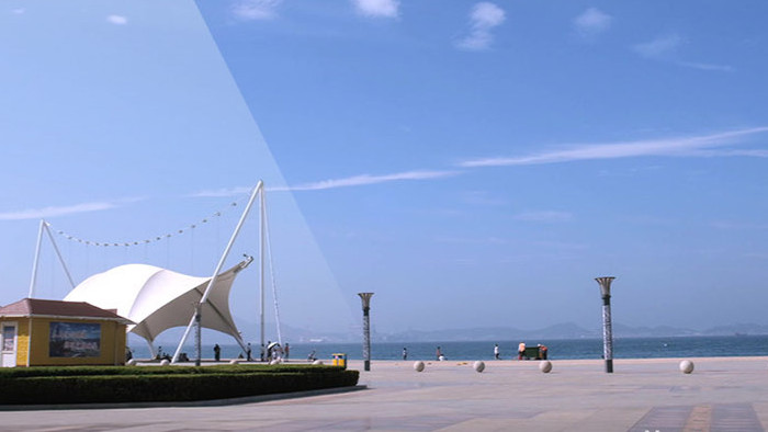 海边广场全貌各种建筑和艺术廊架